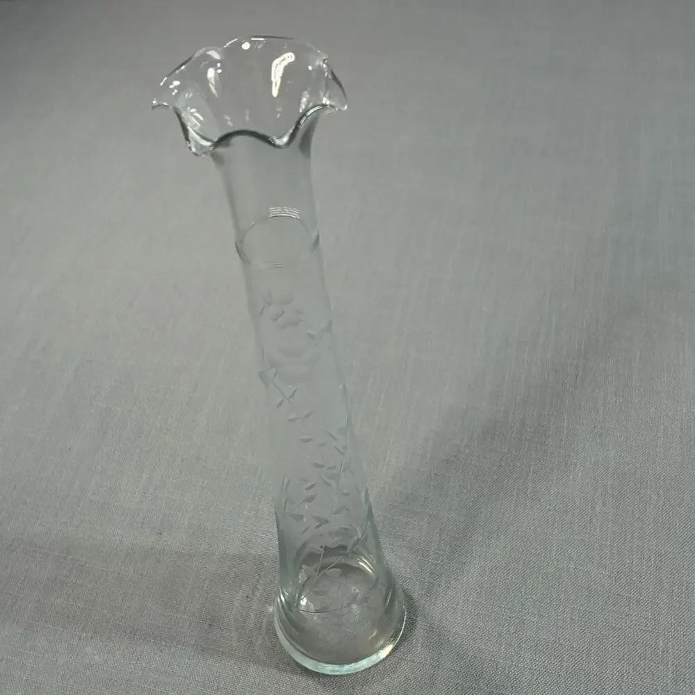Vintage Etched Clear Glass Bud Vase 10 Inch Ruffled Flared Rim Floral Design